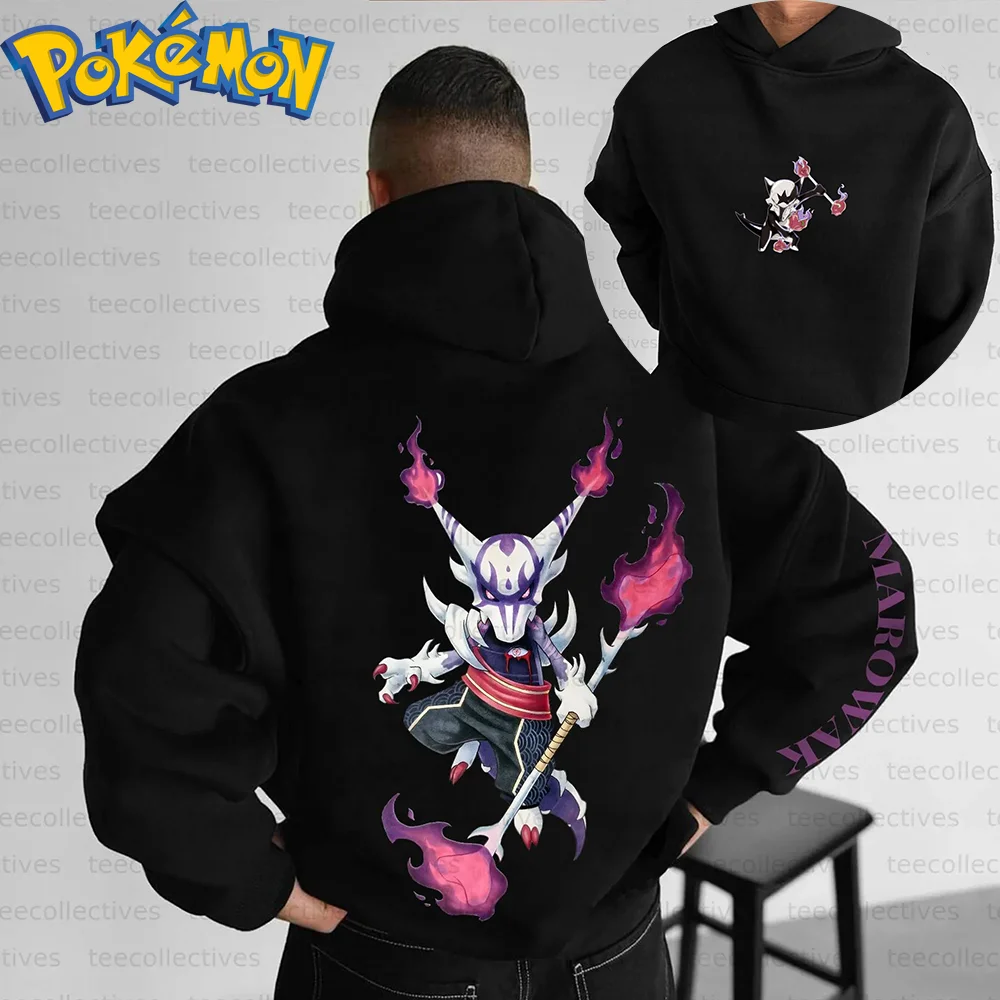 Pokemon anime algodão moletom preto personagem impressão com padrão de dragão chama roxa e design de flor rosa casual streetwear