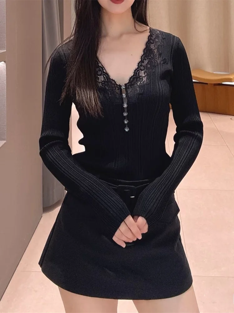 

Высококачественная версия, кружевной вязаный топ V-Ne Long Sve, французский слэ, осень-зима, классический, украшенный бриллиантами