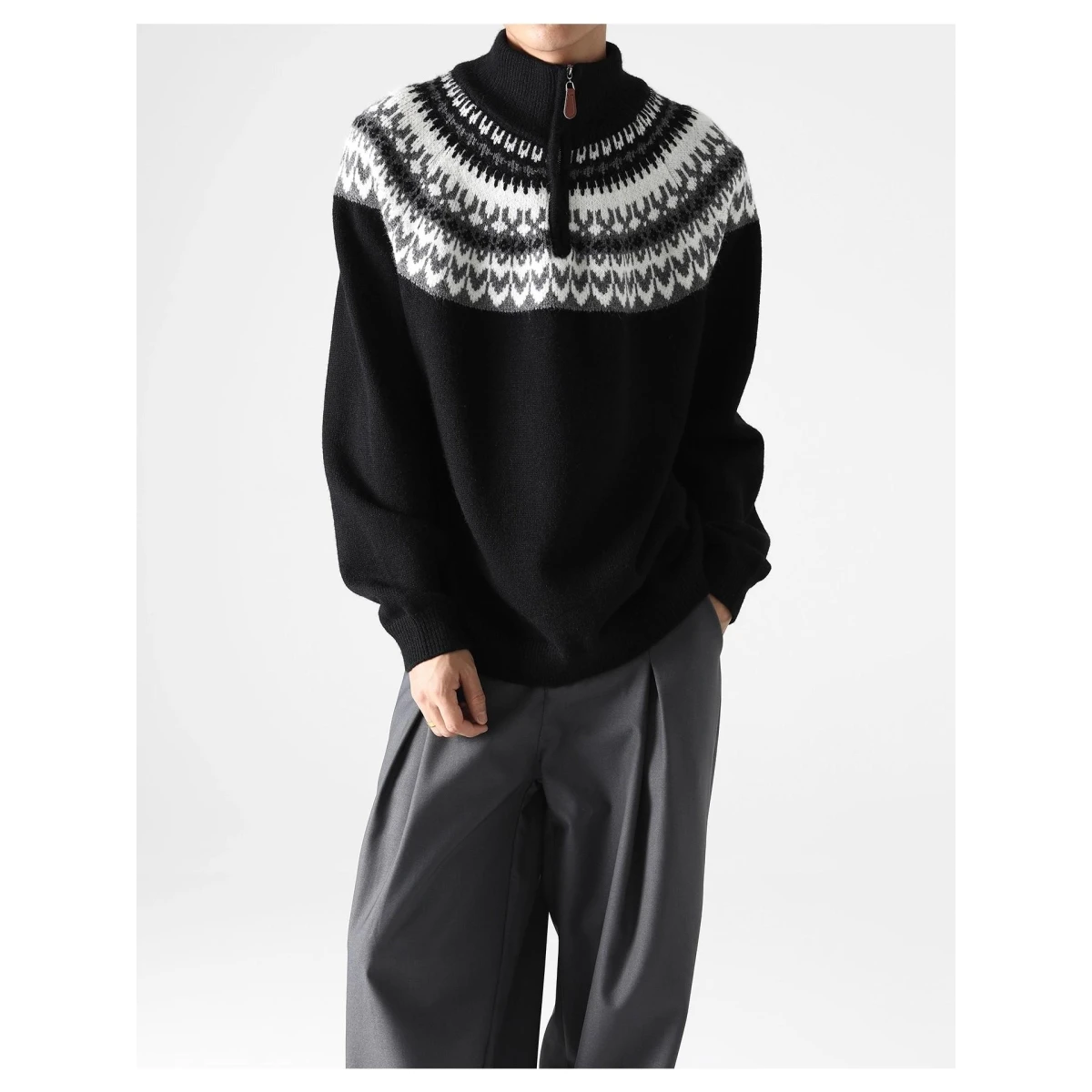 

ay American Retro Fair Isle Knitted Sweater Men's Autumn Winter Lazy High Ne Zipper Loose Fit Soft Polyester Blend Casual