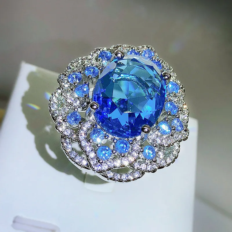 Women's Sparkling Blue Zircon Large Flower Ring, 925 Silver