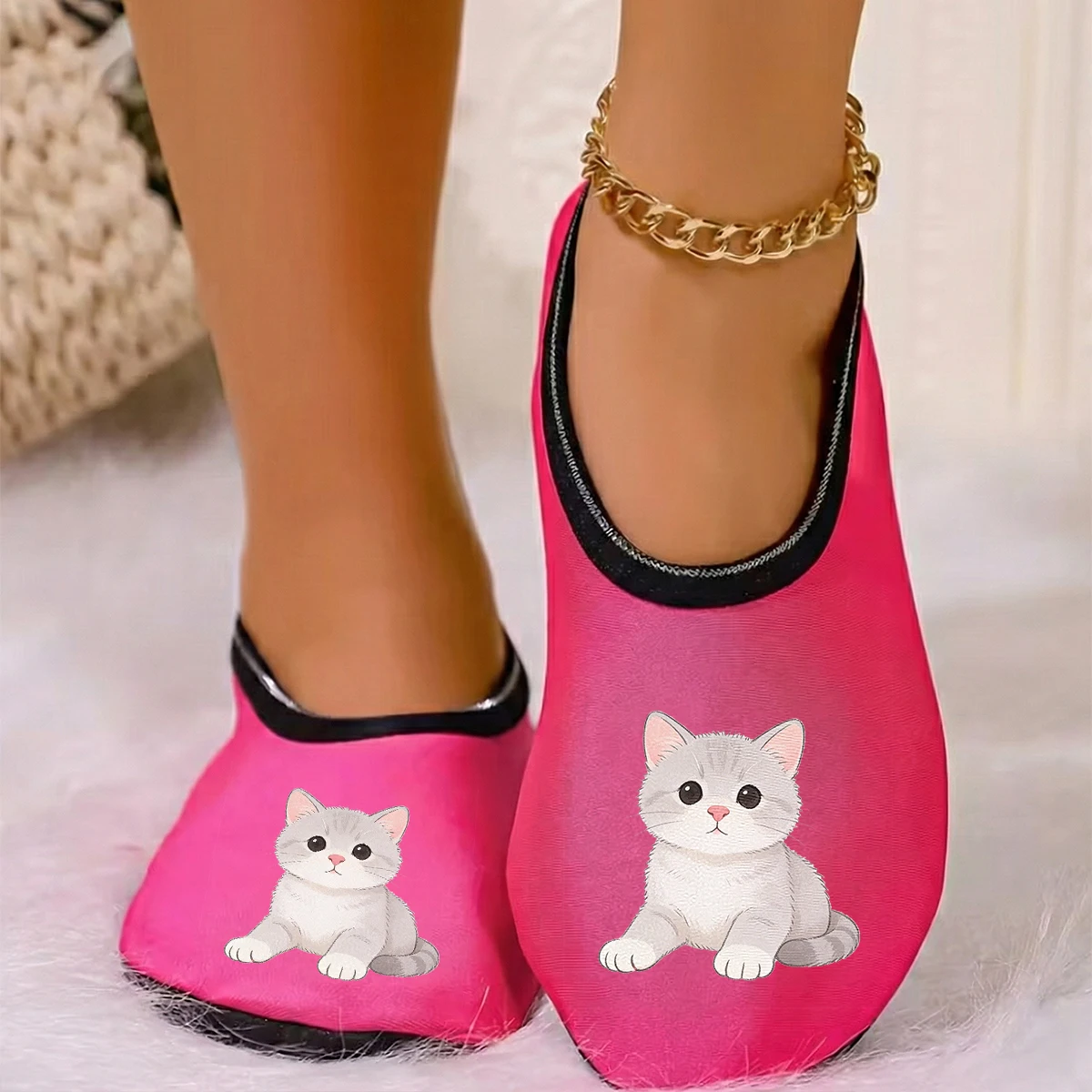 

Four season wearable women's cute kitten squint print suede breathable high elasticity indoor anti slip floor slippers