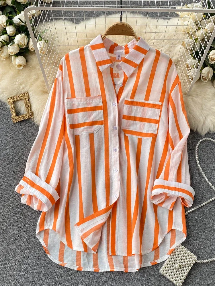 Hikigawa Chic Fashion Women Tops Turn Down Collar Long Sleeve Striped Casual Shirts Korean Versatile Female Blouses Blusas Mujer