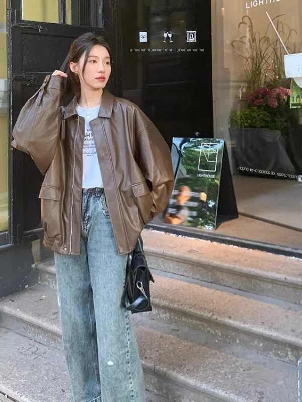 Bruin leren jack Dames retro mode trend motorjas korte jas warm ander materiaal standaard pasvorm