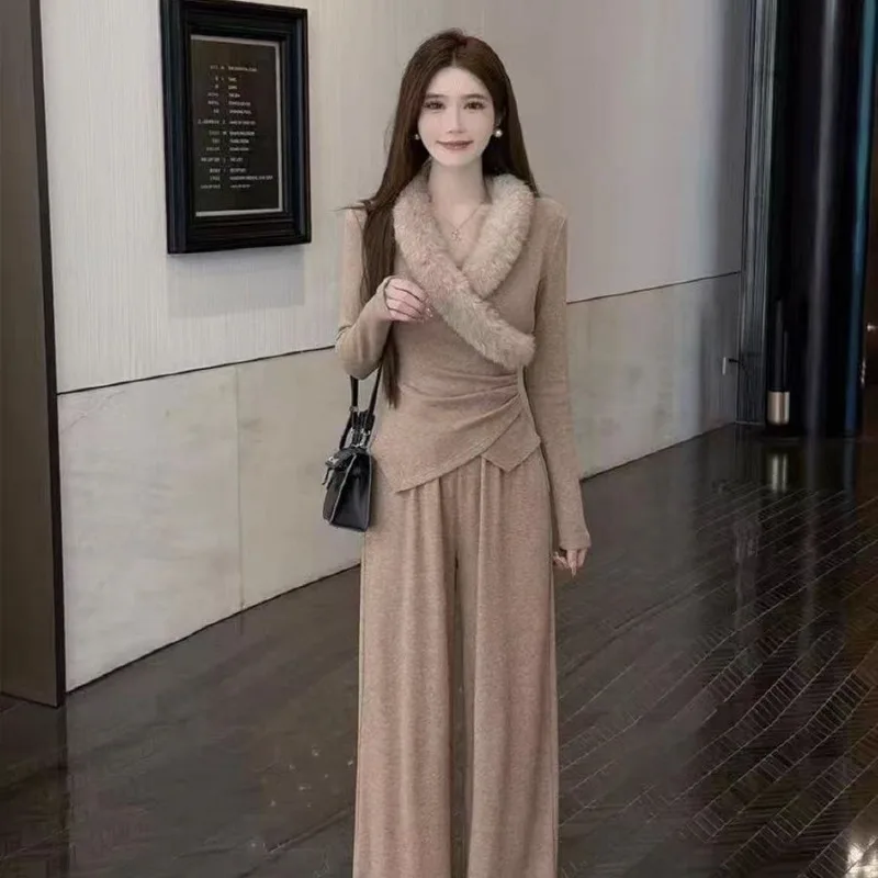 New Fashion Retro Autumn Women's Two Piece Set High End Fur V-neck Slim Long Sleeve Top + Wide Leg Pants Solid Color Casual Suit