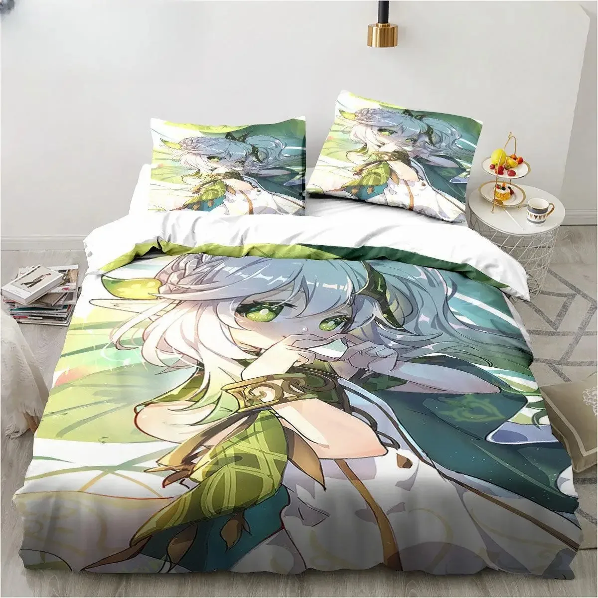 Conjunto de cama Genshin Impact Nahida, Kawaii, desenhos animados bonitos, Nahida, rei, gêmeo, filho duplo, microfibra ou poliéster capa de edredão, novo