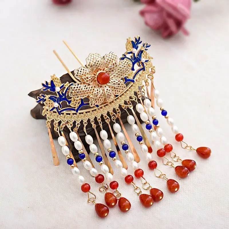 Womens Metallic Blue Flower With Pearl Tassel Hairstick Hair Accessories