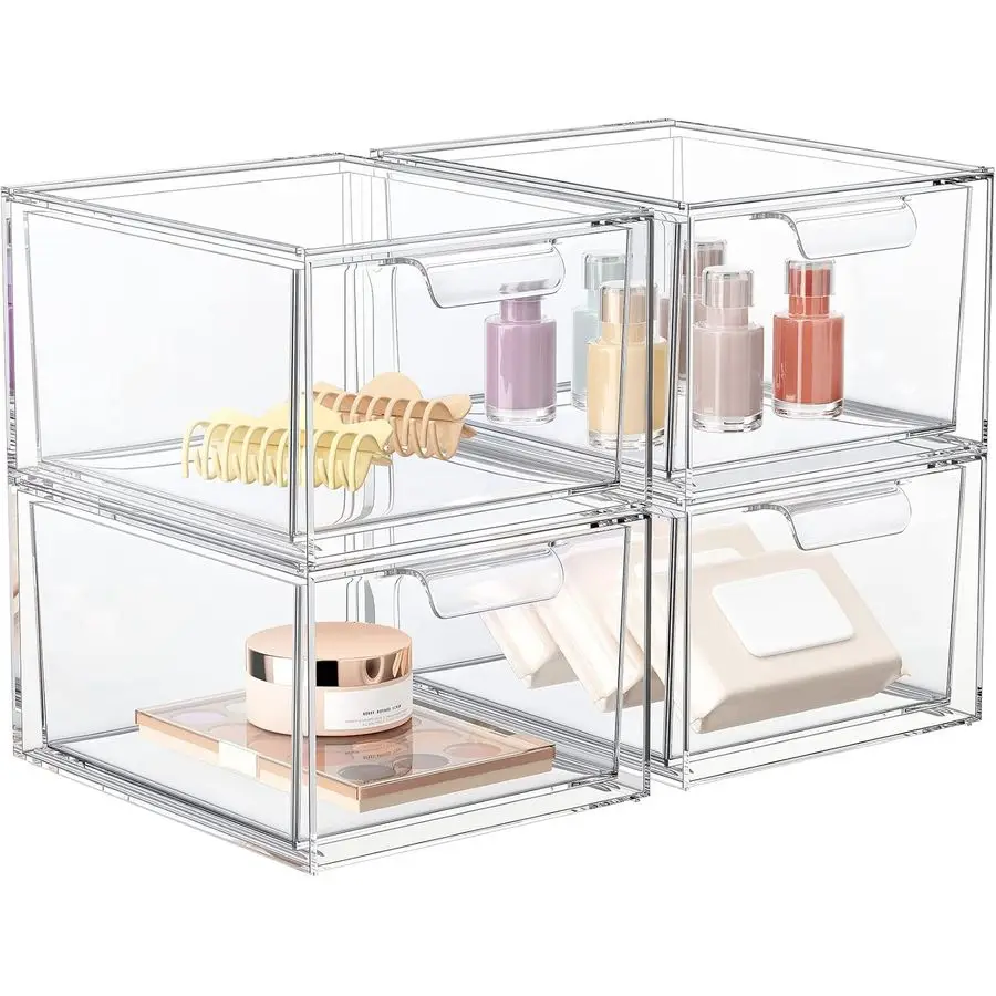 

Pack Stackable Makeup Organizer and Storage, Acrylic OrganizersClear Plastic Storage Drawer with Handles for Vanity, Undersink,