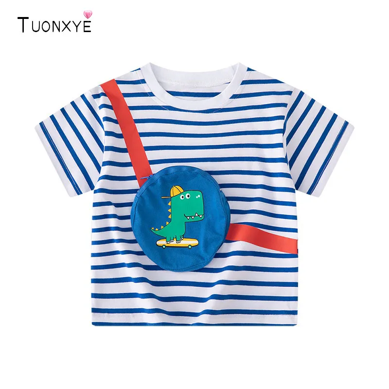 TUONXYE Junge Sommer Kurzarm Streifen T-shirts Cartoon Zipper Tasche Dinosaurier kinder Baumwolle Lose Atmungsaktive Weiche Kleidung