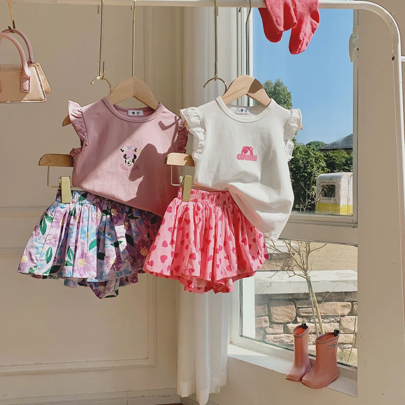 

XTY-New Korean Girls Summer Flounced Sleeve Ruffled Short Sleeves Suit2024Children Fashionable Floral Shorts Two-Piece Set