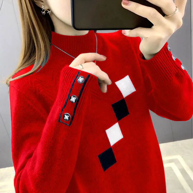 Fashion Turtleneck Spliced Button All-match Casual Sweaters Female Clothing 2023 Autumn Winter New Korean Pullovers Sweaters