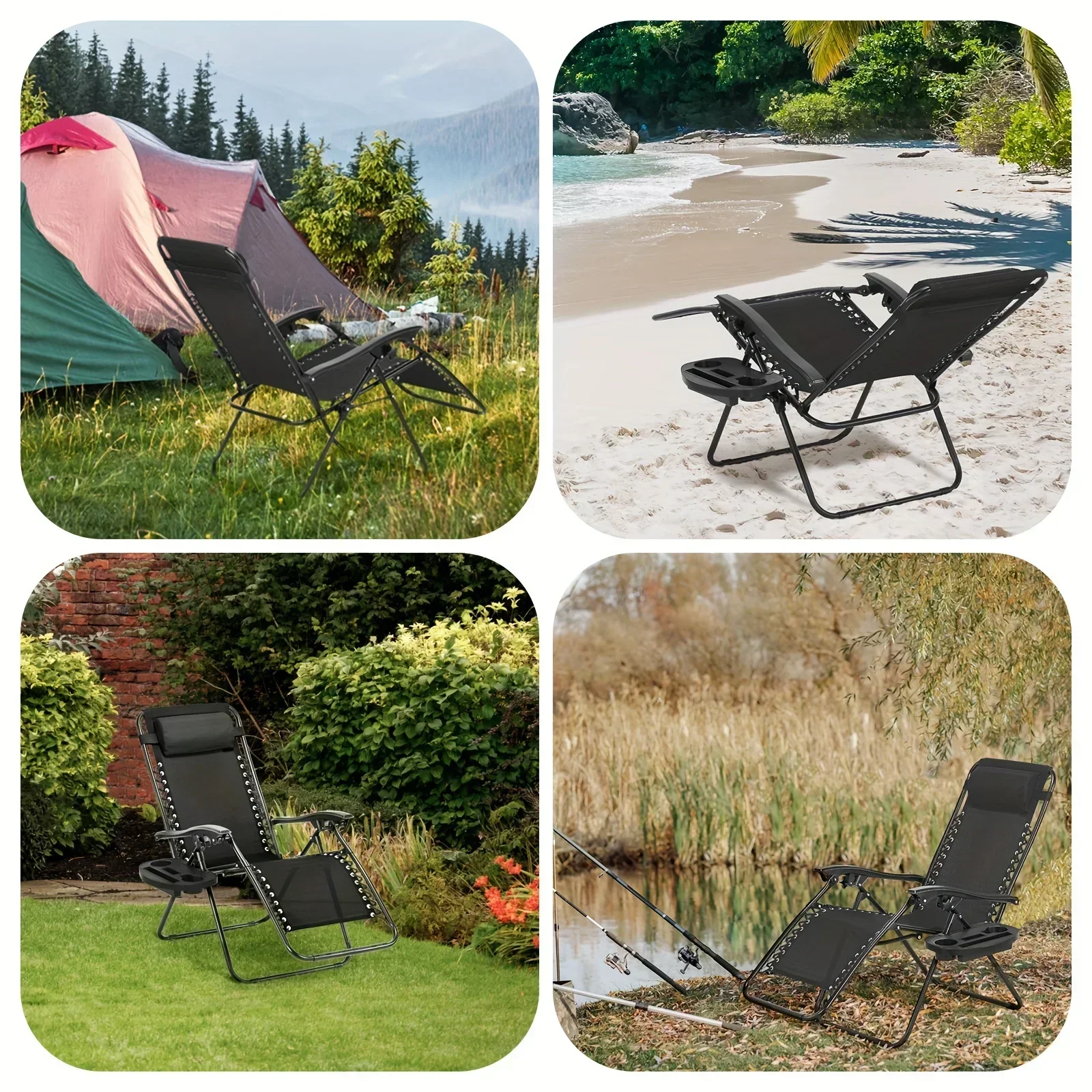 2PCS Folding Camping Chairs Zero Gravity Chair Patio Recliner Chair With Cup Holder Adjustable Headrest Reclining Lounge Chair