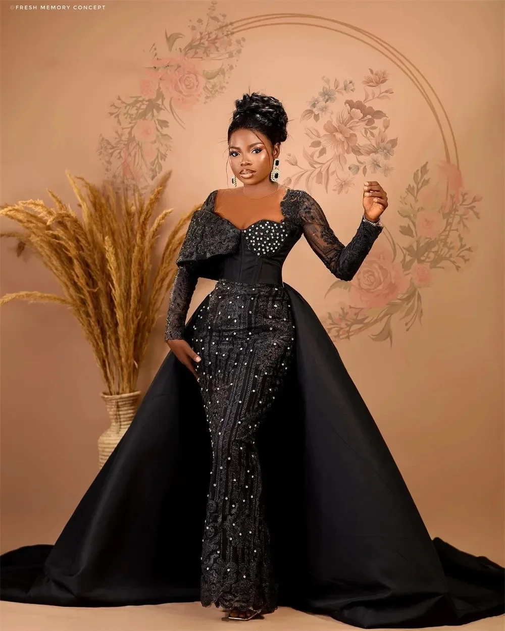 Luxury Aso Ebi Black Mermaid Evening Dresses 2024 With Overskirt For African Women Long Sleeves Formal Beaded Prom Party Gowns