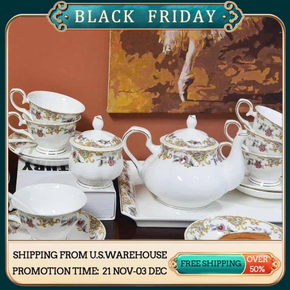 Bone china tea set teacups and saucers 21 piece set of English teacups 6 pieces porcelain tea set with pot sugar bowl