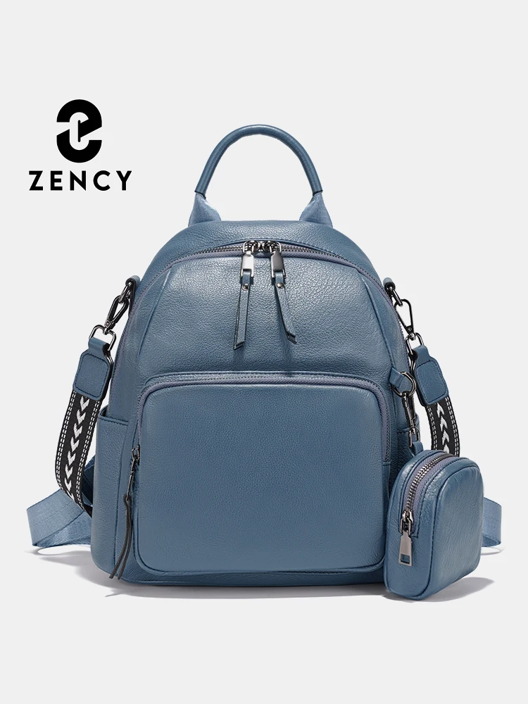 Zency Blue Genuine Leather Women's Backpack Knapsack Multi-pocket Shoulder Bag Cowhide Leather Rucksack with Zip Coin Bag