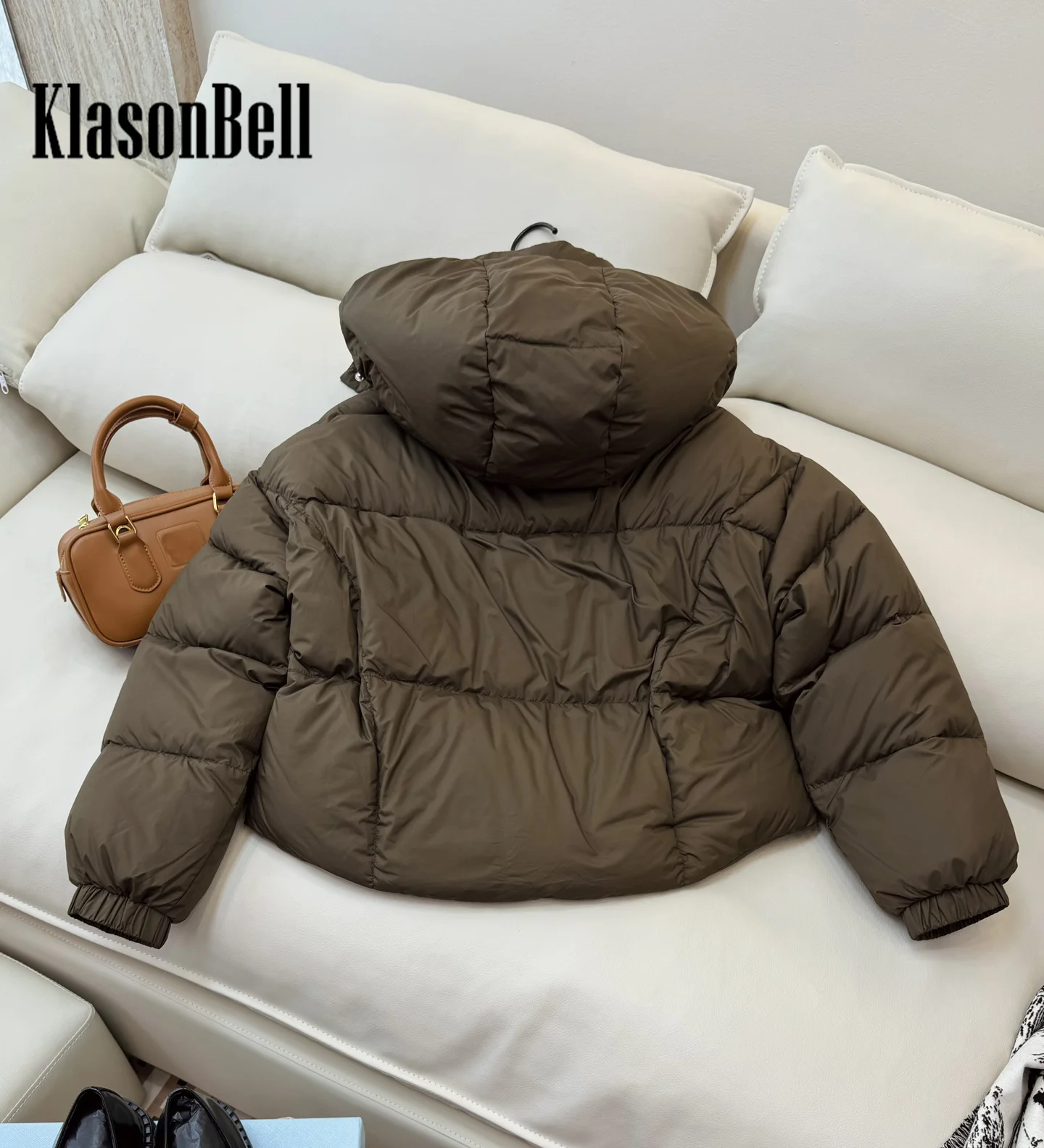 9.4 KlasonBell Women Fashion Drawstring Hat Detachable  White Goose Down Bread Jacket Double Pocket Elastic Cuff Down Coat