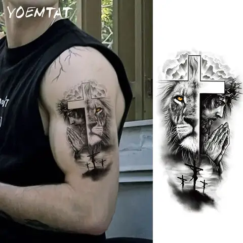 Waterproof Temporary Tattoo Sticker Black Lion Jesus Prayer Cross Thorns Animal Body Art Arm Leg Fake Tattoos Sleeve Women Men