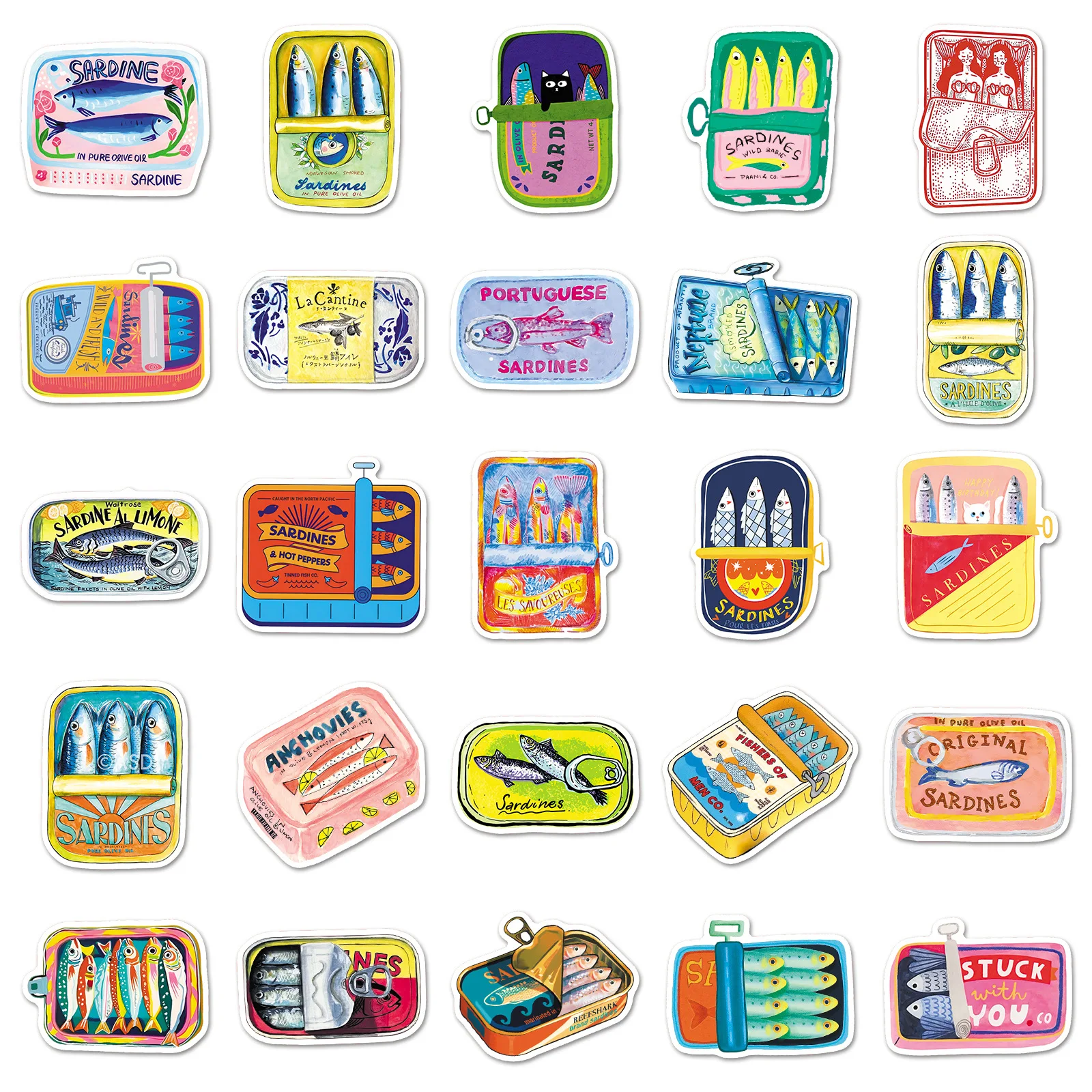 50 قطعة من ملصقات علبة Saury الكرتونية المقاومة للماء المرسومة يدويًا على الجدران لتزيين دفتر الملاحظات DIY حقيبة الجيتار ولوح التزلج والشارات #1