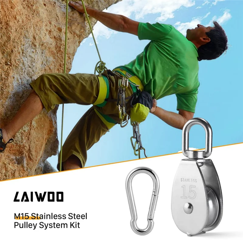 Kit de sistema de polea de acero inoxidable AT44-M15, rueda de polea de alta resistencia, bloque de polea con cuerda de nailon, para elevación, proyectos de bricolaje Dura