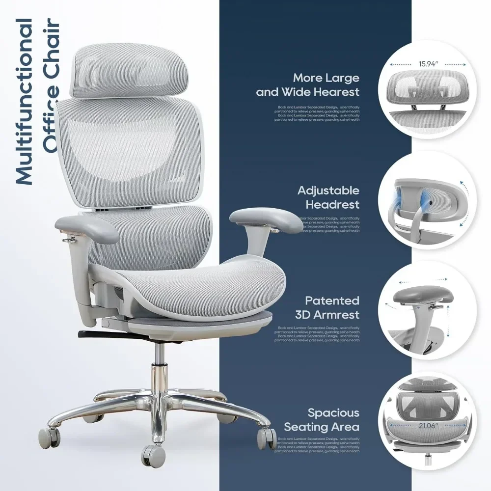 Kursi kantor jaring ergonomis dengan sandaran kaki, kursi meja komputer punggung tinggi eksekutif dengan sandaran kepala lebar dan lengan 3D yang dapat disesuaikan