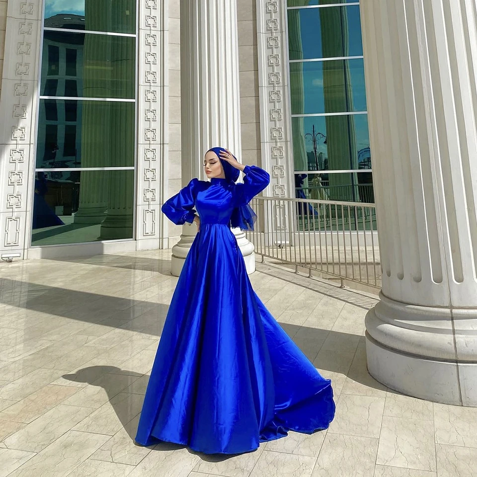 

Gorgeous Dark Blue High-Neck A-Line Stain Evening Dress 2023 Floor Length Sweep Train Lantern Sleeves Custom Made Prom Gown