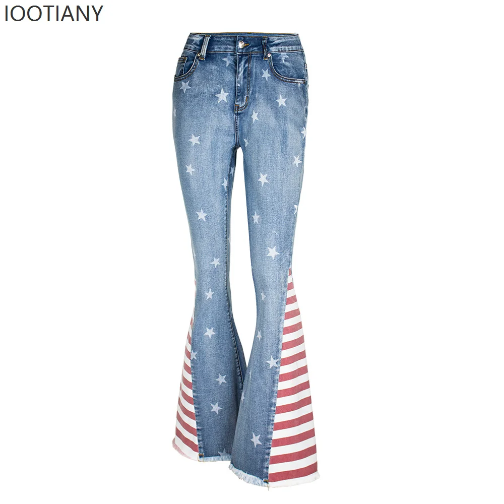 Flare Pants Jeans Women Denims Boot Cut Patchwork Stripe Stretch Trousers Washed Vintage Distressed Floor Length Streetwear 2026