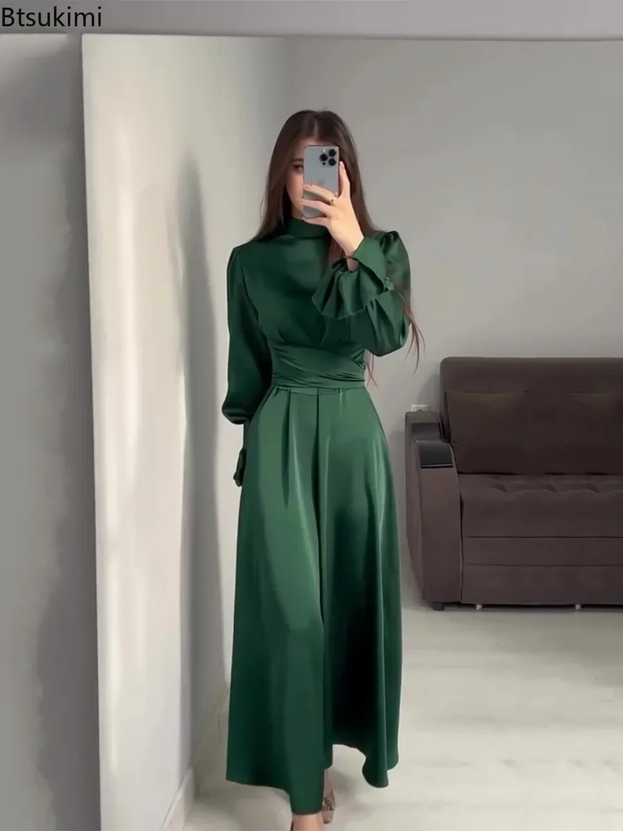 Fashion Vintage Waisted Long Dresses for Women Ruffled Bandage Elegant Maxi Dress Lady Evening Partywear Slim Lace-up Long Skirt