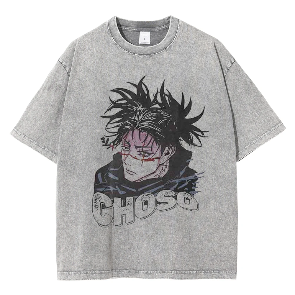 Men Fashion Streetwear Washed Light Gray T-Shirt Anime Graphic Print Harajuku Cotton Casual Tshirt Summer Short Sleeve Tops Tees