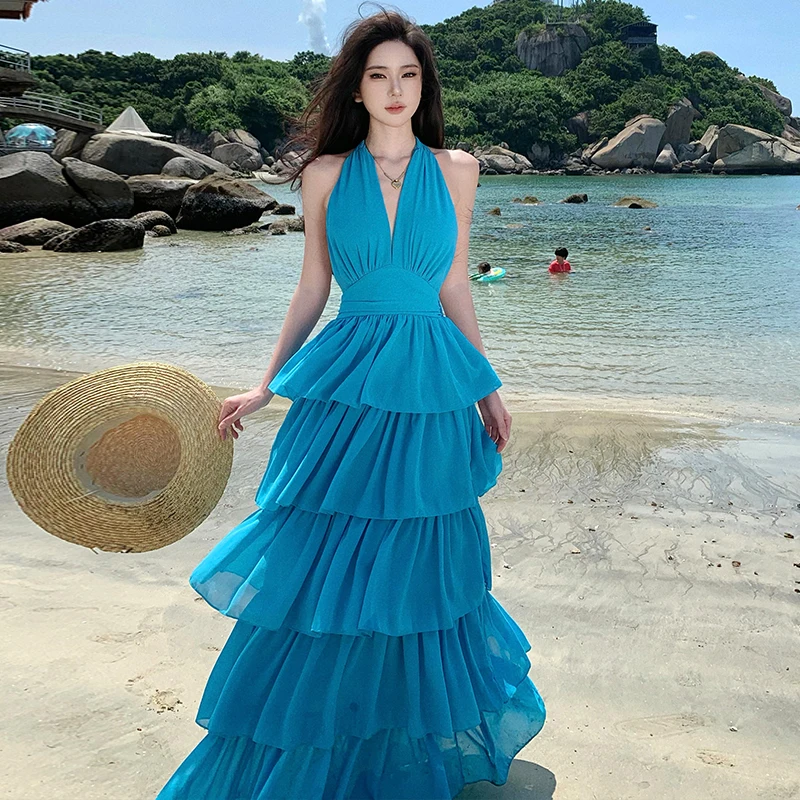 Sexy Pure Desire Blauw V-Ne Strapl Svel Dr Dames Taille Cinching Afslanken Bal Tie ing Cake Lange Dr