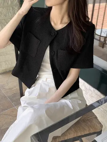 여성용 강화 코튼 플래드 숏 코트 여름 신상 레트로 감성 프리미엄 퀄리티 맞춤 셔츠 탑 라운드넥 싱글 버튼