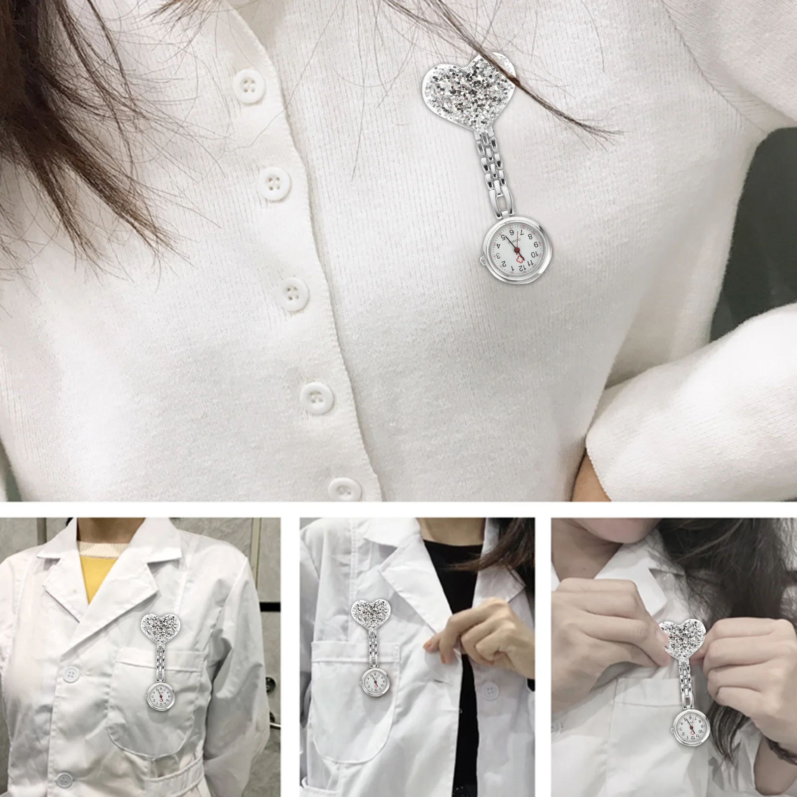 

3pcs Love Heart Nurse Hanging Watch Alloy Clip-On Nursing Pocket Timepiece For Women Medical Staff Student Practical Quartz Fob