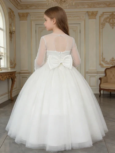 Imagen 2 del producto Vestido de Princesa para Niñas, Manga Larga, Encaje Bordado, Manga Abullonada, Vestido Blanco de Cumpleaños, Vestido de Dama de Honor