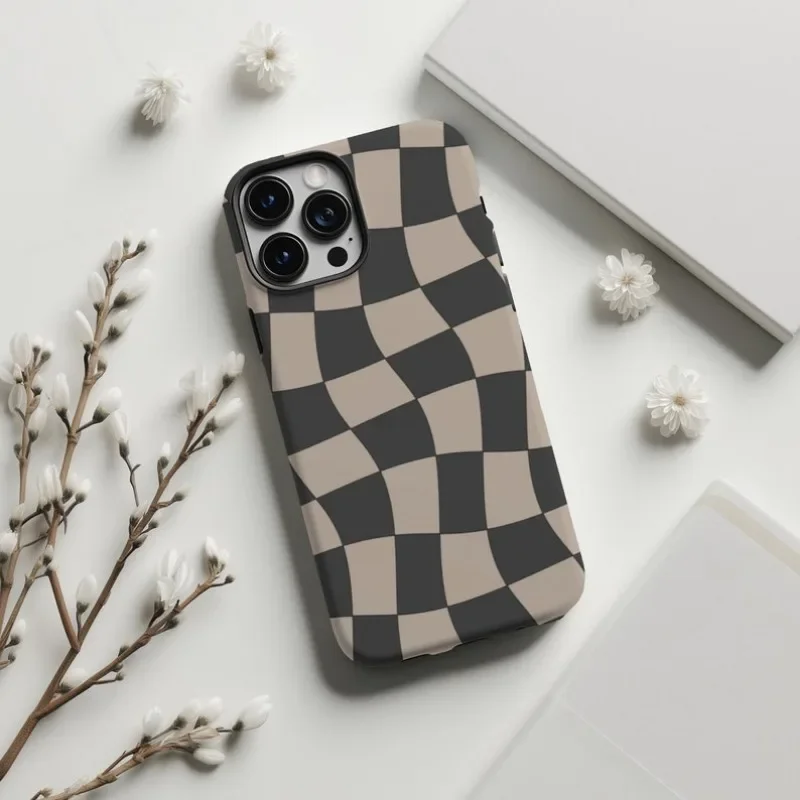 Retro Wavy Checkered Phone Case For IPHONE 16ProMax 15 14 13 12 11 PRO Plus Acrylic TPU Two in one Mobile Phone Cases