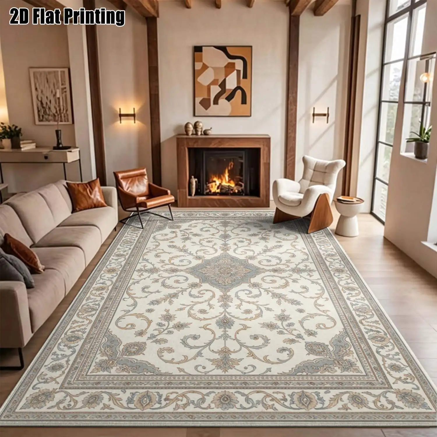 1Pc 2D Printed Retro Floral Beige Blue Carpet, European Style Home Decor Rug, Machine Washable, Multi-Size, for Entrance/Dining Room/Bedroom/Living Room