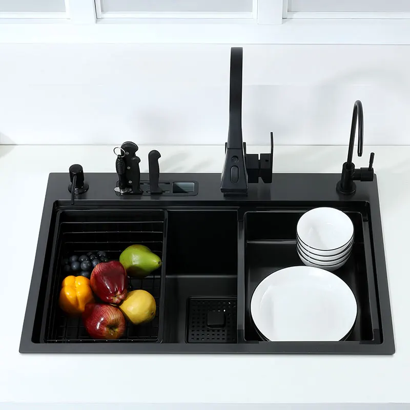 

Black Single Kitchen Sink with Knife Holder Vegetable Washing Basin with Cutting Board Stainless Steel Pia Black Sink