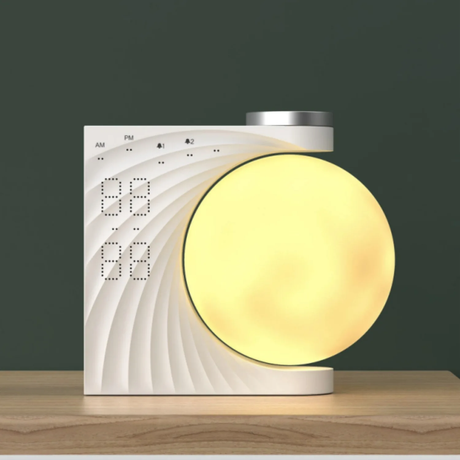 Lumière ambiante colorée, lune, réveil scientifique, lumière respiratoire, horloge à gradation à trois niveaux, double alarme, minuterie, bruit blanc, son naturel
