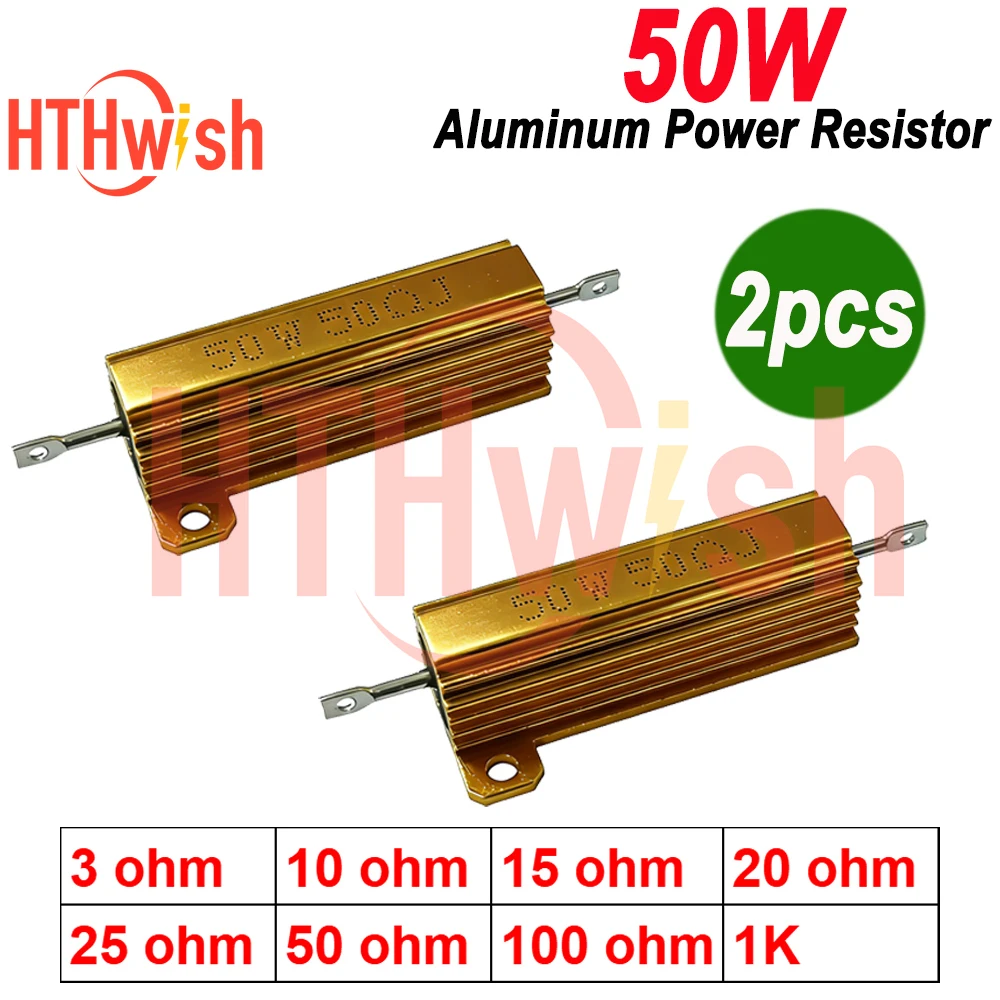 2pcs RX24 50W Golden Aluminum Shell Resistor 3ohm-100ohm 1K High Power Aluminum Metal Case Wirewound Fixed Resistors