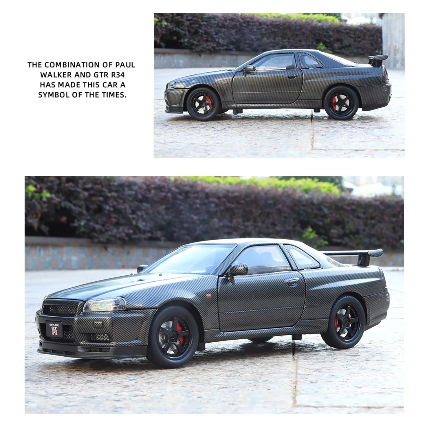 

1: 24 GTR-R34 carbon fiber model simulation alloy sports car ornament sound and light feedback toy holiday gift