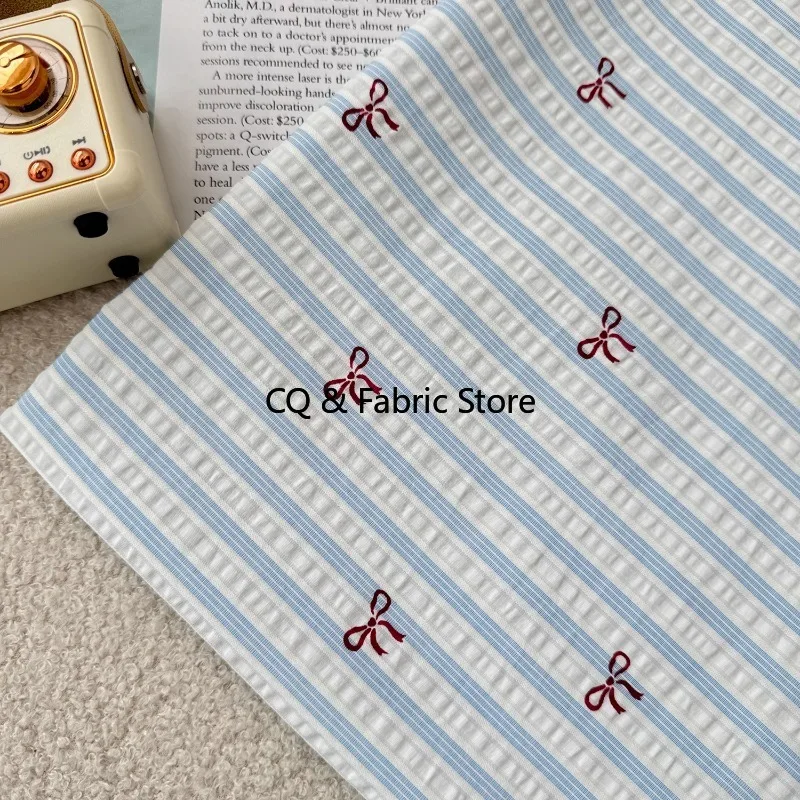 Ins Korean Stripe Bow Design Polyester Cotton Fabric Women Dress Shirt Kids Cloth Material By The Meter