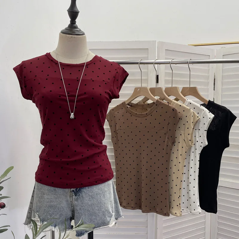 Women Summer New Flocked Polka Dot Mesh Stretch Slim T-Shirt Figure-Flattering Square Shoulder Fitted Short Sleeve Top2878