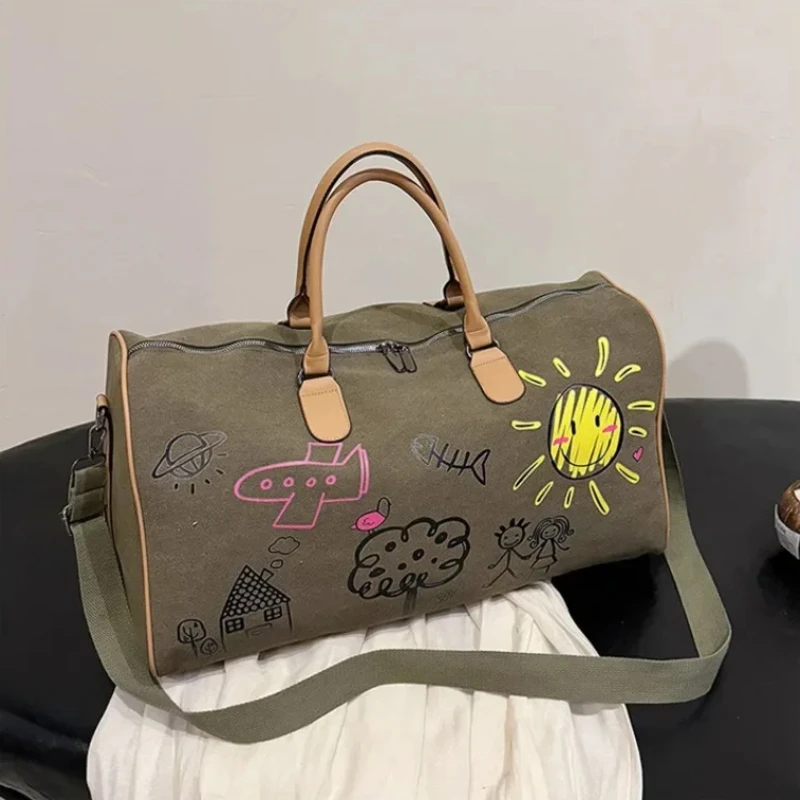 Large Capacity Casual Canvas Zipper Travel Bag 2024 Hot Selling Patchwork Cute Shoulder Bag Soft Versatile Trendy Travel Duffels