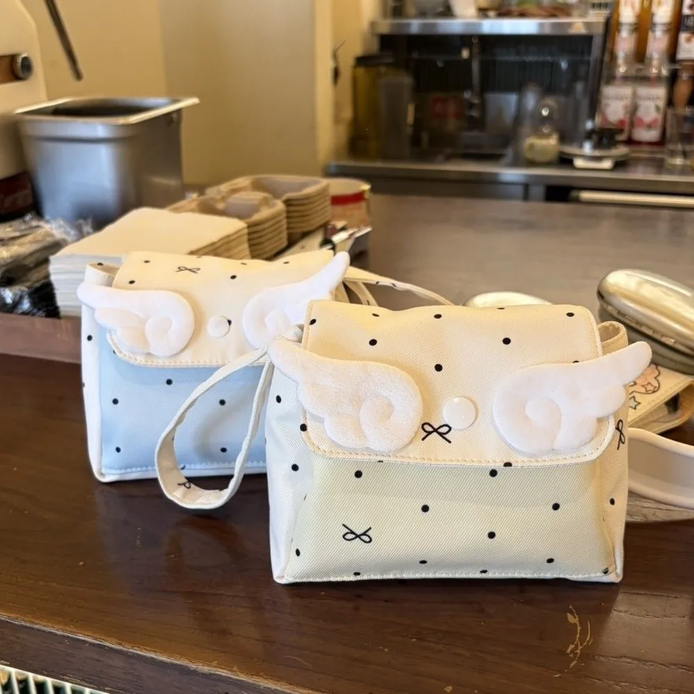 Polka Dot Cosmetic Bag with Angel Wings Three-layer Travel Storage Organizer Portable Makeup Pouch for Lipstick Small Items