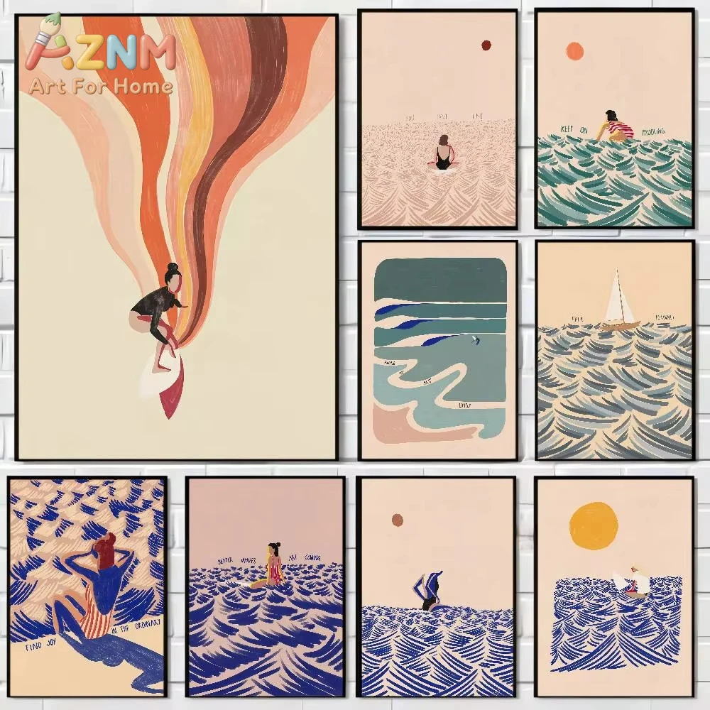 

1pc Nordic Minimalistic Surfing Paddling Swimming Sea Wave Poster Waterproof Paper Sticker Coffee House Bar Posters Wall