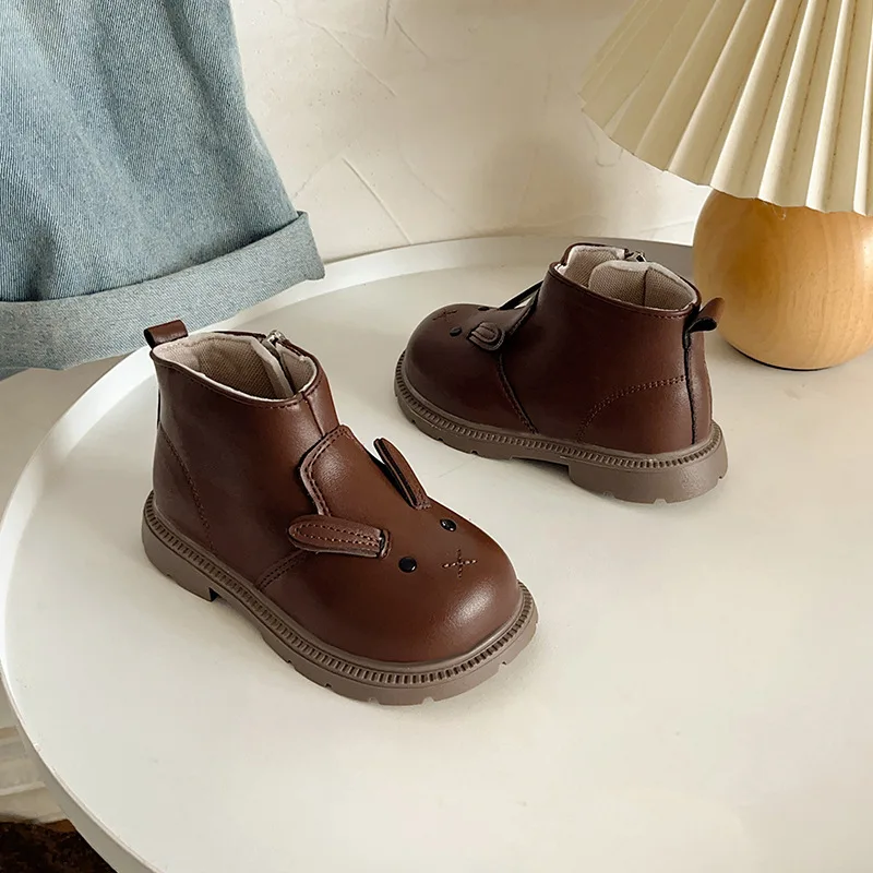Designer Shoes Brand Girl Boot 2025Autumn New Cartoon Rabbit Kid Shoe with Velvet Kid Boot Fashion Leather Boot Cute Girls Shoes