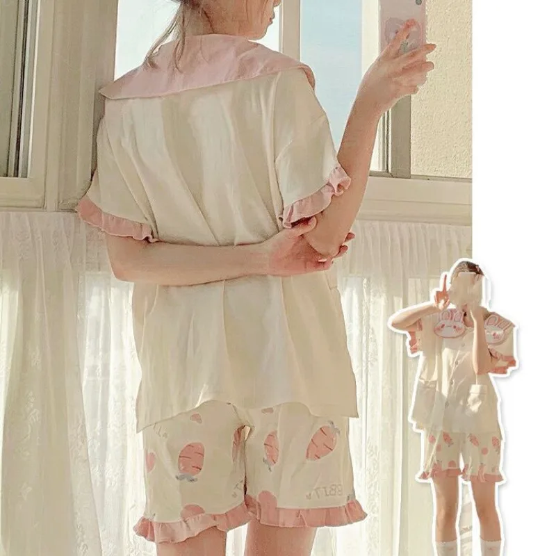 Japanese Summer Women\'s 2024 Sweet and Cute Lolita Style Bunny Girl Patchwork Button Loose Short Sleeved Homewear Pajama Sets