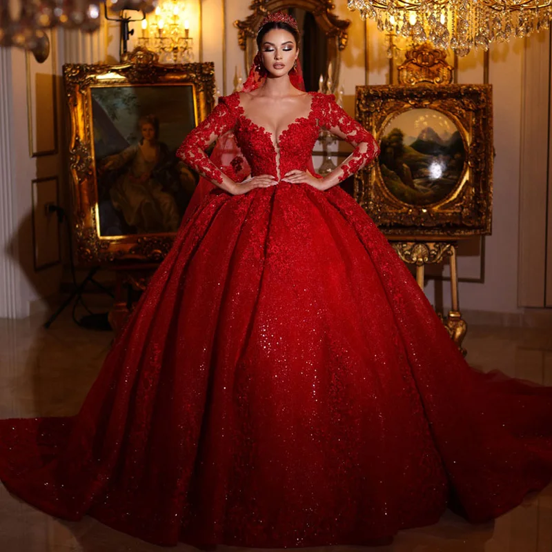 

Detmgel New Exquisite Red V Neck Ball Gown Wedding Dresses Shiny Lace Beading Appliques Court Train Bridal Dresses Customized