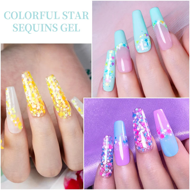 PUENTE Colorful Star Sequins Gel Nail Polish 5ML Semi Permanent Varnish Hybrid Soak Off UV Nail Gel For Manicure