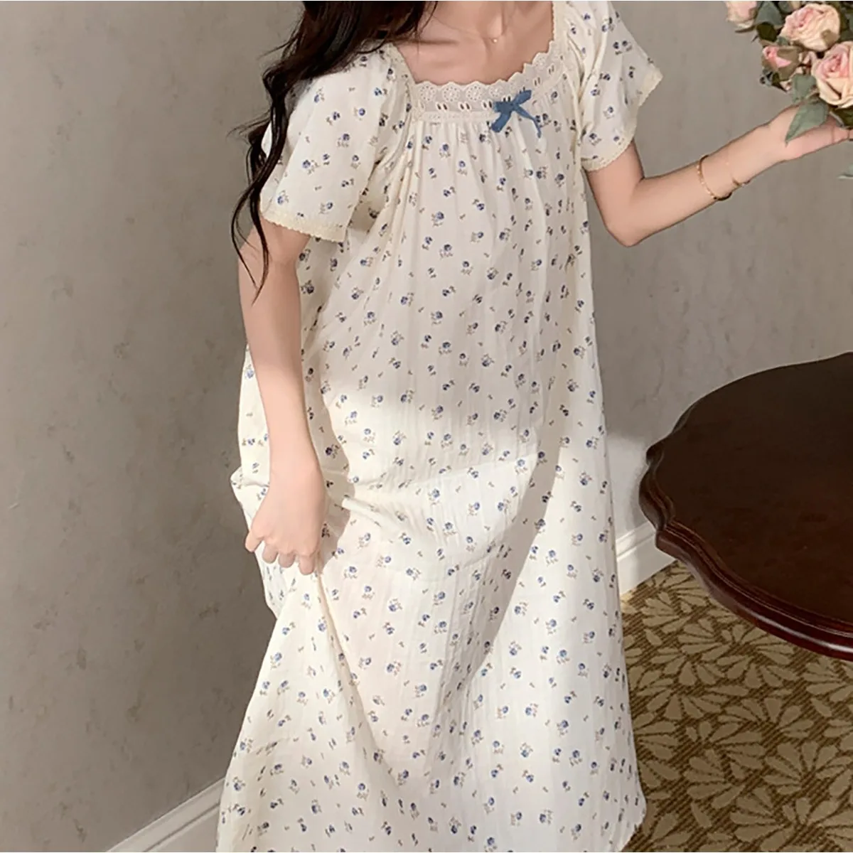Summer 100% Cotton Embroidered Lace Victorian Pajama Women's Casual Loose Short Sleeve Princess Night Dress Home Clothes