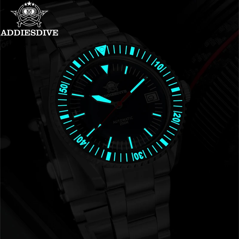 ADDIESDIVE-Montre-bracelet classique pour homme, acier inoxydable, automatique, mécanique, miroir à bulles, couvercle de pot, verre, 200m, plongeur