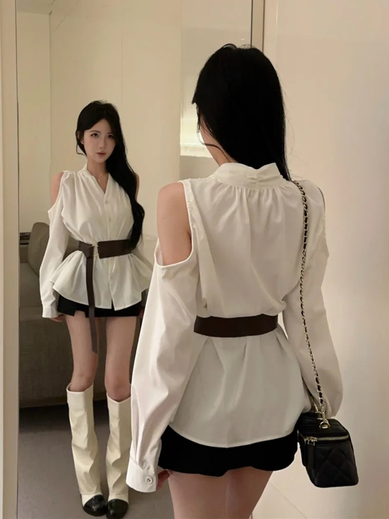 

Женская приталенная блузка с открытыми плечами и длинными рукавами, стильная белая рубашка средней длины с поясом для весны и лета, для офиса и повседневной носки