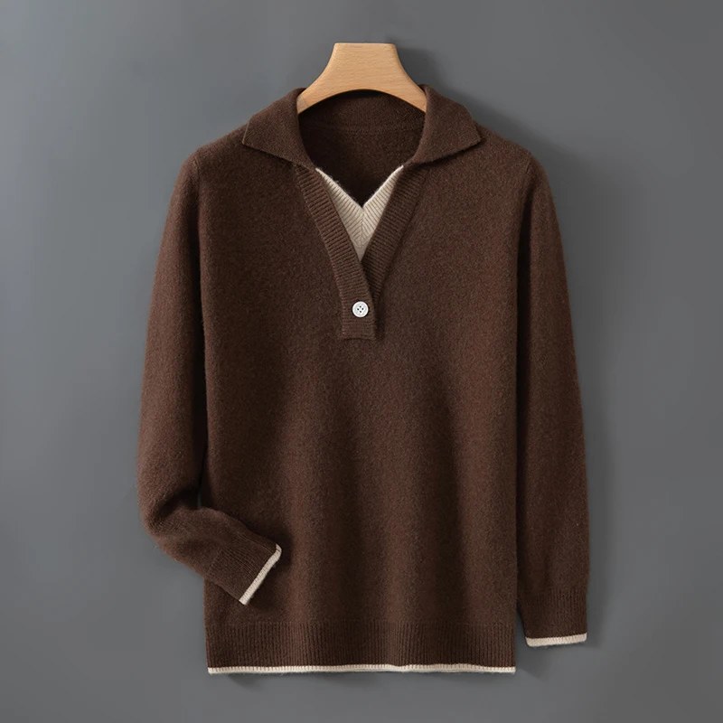 MVLYFLRT Men's Autumn Winter 100% Merino Wool Lapel Knitted Pullover Sweater Casual Color Block Thickened Fake Two-Piece Style